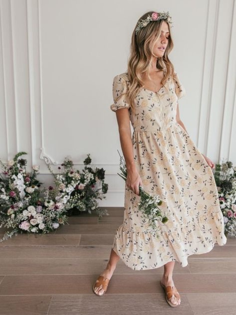 JessaKae Cream Floral Midi Dress with Puff Sleeves